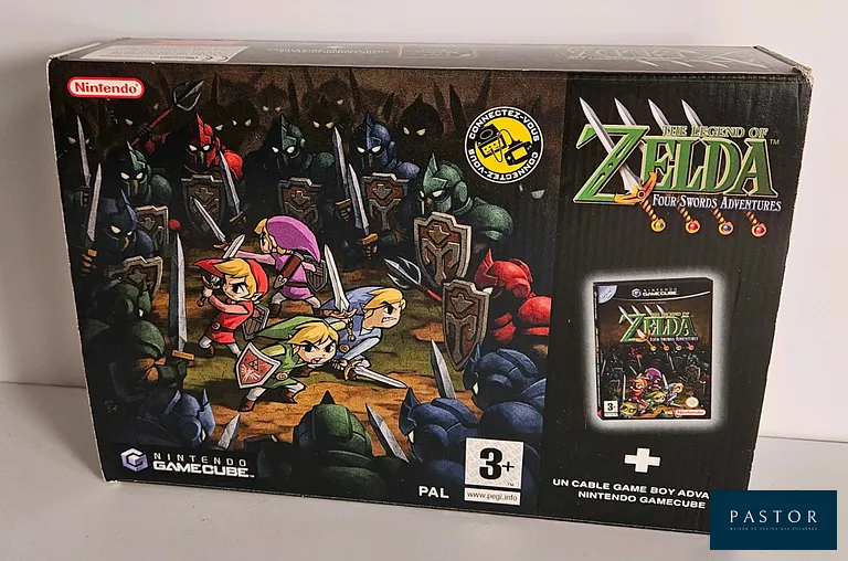 NINTENDO - GAMECUBE. Jeu : The Legend of Zelda Four Sword Adventures. Edition Big Box. Complet avec boite, notice et cable de connexion GBA/GC officiel. Rare. Version PAL FRA. Sortie : 2005. Aventure