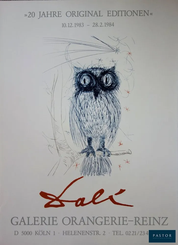 Salvador DALI (1904-1989)
La Chouette Bleue, 1983

Lithographie en couleurs
Signée dans la planche
Sur vélin 48 x 66 cm
Imprimée dans les ateliers Matthieu

Excellent état

INFORMATION : Rare affiche sur vélin éditée par J. Schneider en 1983 pour l'exposition "Dali" à la galerie de l'Orangerie-Reinz. D'après la gravure référencée dans les catalogues raisonnés Field #68-10, Michler Lopsinger #247, Sahli #76


Expédition obligatoire, jusqu'à 5 Lithographies dans votre colis pour 14,76€ TTC en France Métropolitaine, et 29,64€ TTC pour l'Europe