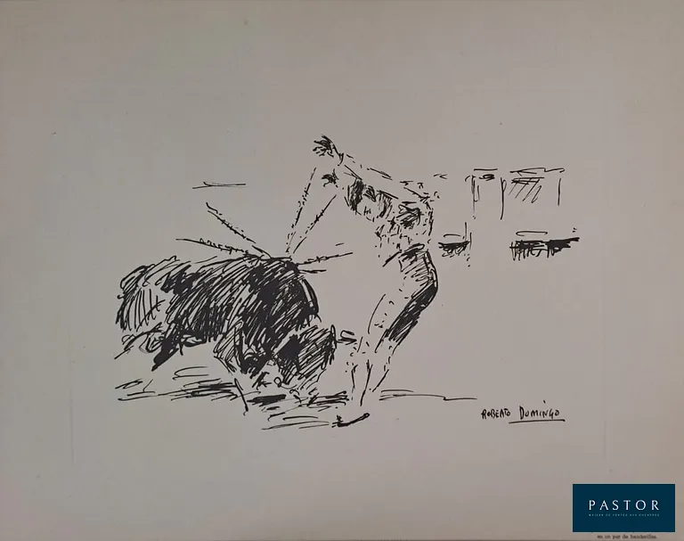 Roberto Domingo y Fallola (1883-1956)
El gran banderillero y matador Barajas en un par de banderillas

Gravure
Signée dans la planche
Dimension feuille : 24.5 x 31.5 cm environ
Dimension image : 17 x 24 cm

Très bon état


Expédition obligatoire, jusqu'à 5 Lithographies dans votre colis pour 14,76€ TTC en France Métropolitaine, et 29,64€ TTC pour l'Europe