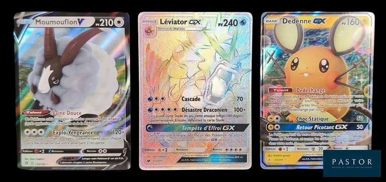 Ensemble de 6 cartes Pokémon - Ultra Rares (GX et Ex).
Contient la carte Leviator secrète Rainbow de Invasion Carmin SL4.
Diverses séries des blocs Soleil&Lune (SL) et Épée&Bouclier (EB).
Cartes en état global Excellent, en français.