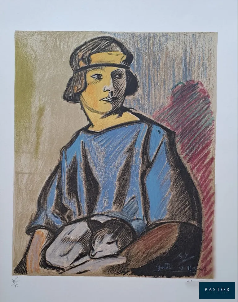 Georges Joubin (1888-1983)
Femme au turban

Lithographie originale, sur vélin d'Arches
Signée et numérotée au crayon par l'artiste
Monogramme de l'artiste dans la planche
Edition de 82 exemplaires, n°36/82
Dimensions feuille : 67 x 50 cm environ
Dimensions image : 45 x 37 cm environ

Très bon état, trace brune sur le côté gauche


Expédition obligatoire, jusqu'à 5 Lithographies dans votre colis pour 14,76€ TTC en France Métropolitaine, et 29,64€ TTC pour l'Europe