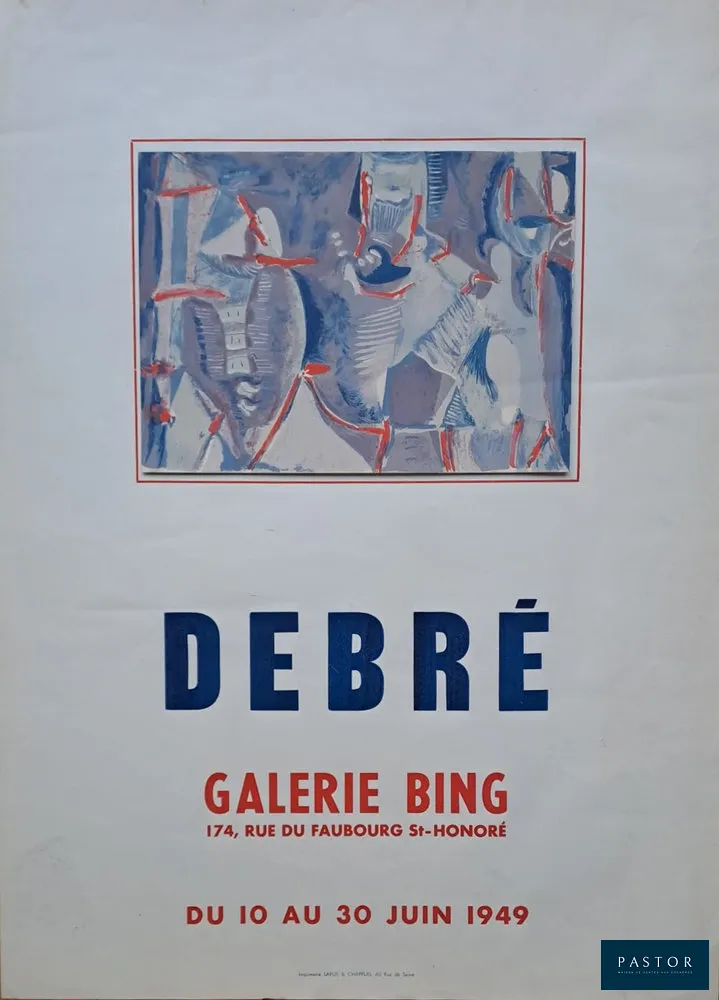 Olivier Debré (1920-1999)
Composition
Affiche créée pour l'exposition Olivier Debré à la Galerie Bing à Paris en 1949

Rare affiche lithographique d'époque
Une lithographie de l'artiste a été contrecollée (que sur le bord du haut dans le cadre rouge de l'affiche) : taille de la lithographie 16 x 22 cm
Imprimé par Larue et Chapuis, Paris
Dimensions : 52 x 37.5 cm à vue

Bon état, traces de manipulations

Information : La galerie Bing lui offre en juin 1949 sa première exposition personnelle


Expédition obligatoire, jusqu'à 5 Lithographies dans votre colis pour 14,76€ TTC en France Métropolitaine, et 29,64€ TTC pour l'Europe