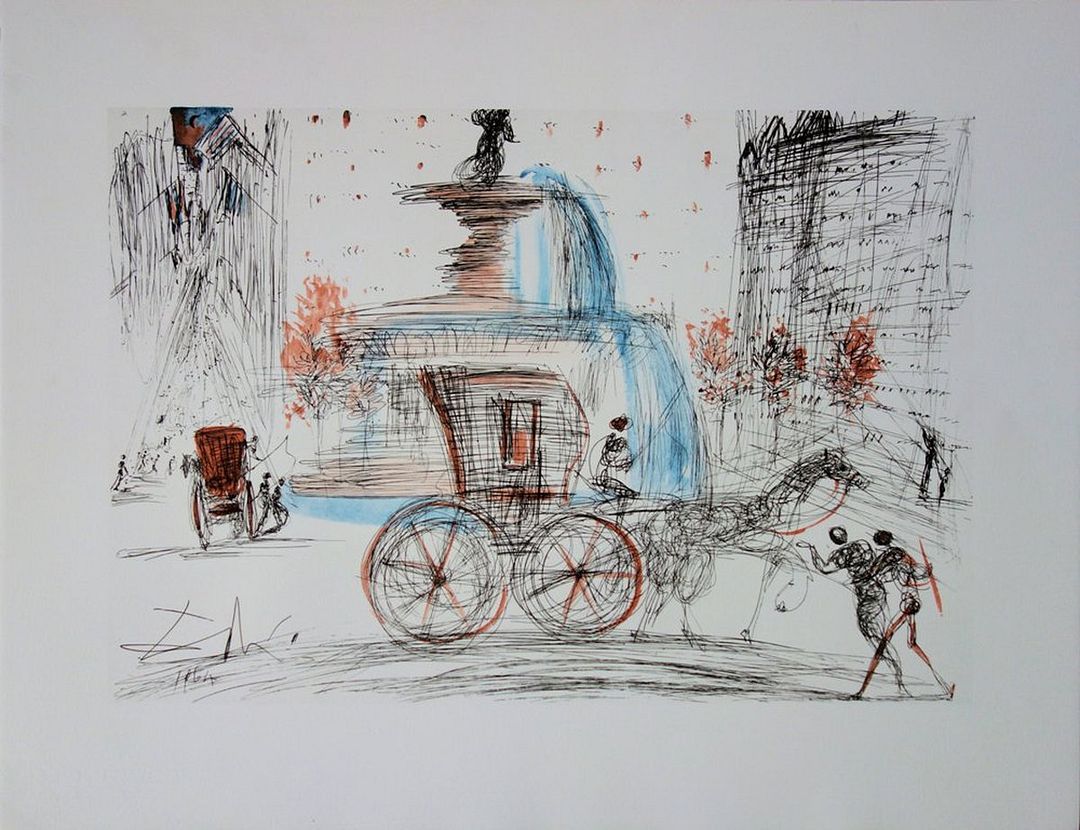 Salvador DALI (1904-1989) (d&rsquo;après) New-York City : Plaza Lithographie en couleurs Signée dans la planche Sur Vélin BFK Rives 65 x 50 cm Imprimée dans les Ateliers Mathieu en 1981 Excellent état INFORMATION : Dali a créé la suite New-York City en 1964 pour Schneider/Wucua. Il a peint en aquarelle une épreuve de plaza et l&rsquo;a offert à JP.Schneider. Il lui a ensuite autorisé l&rsquo;impression en lithographie REFERENCES : Catalogue raisonné Field #64-3C, Michel Lopsinger #114e, Sahli #64e Expédition obligatoire, jusqu&rsquo;à 5 Lithographies dans votre colis pour 14,76€ TTC en France Métropolitaine, et 29,64€ TTC pour l&rsquo;Europe