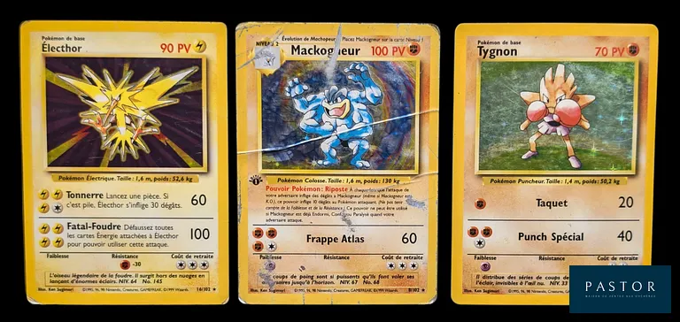 Réunion de 3 cartes Pokémon - Holographiques. Série du bloc Wizards : Set de Base.
Cartes en état global Mauvais / Moyen, en français.