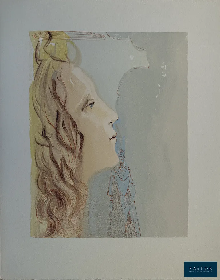 Salvador DALI (1904-1989)
Divine Comédie, Paradis 8, La plus grande beauté de Béatrice, 1963

Gravure sur bois
Non signée
Sur vélin BFK Rives 32.8 x 26.4 cm

REFERENCES :
- Catalogue raisonné Field p. 189 à 200
- Catalogue raisonné Michler et Lopsinger #1113

INFORMATION : Editée par Joseph Foret et les Heures Claires, le Divine Comédie illustrée par Dali constitue un des monuments de l'édition et l'une des oeuvres les plus célèbres du Maître. Elle a nécessité la gravure de plus de 3500 bois et près de 4 ans de travail (1960/63) et pour rendre toute la finesse des illustrations créées par Dali.

Excellent état


Expédition obligatoire, jusqu'à 5 Lithographies dans votre colis pour 14,76€ TTC en France Métropolitaine, et 29,64€ TTC pour l'Europe
