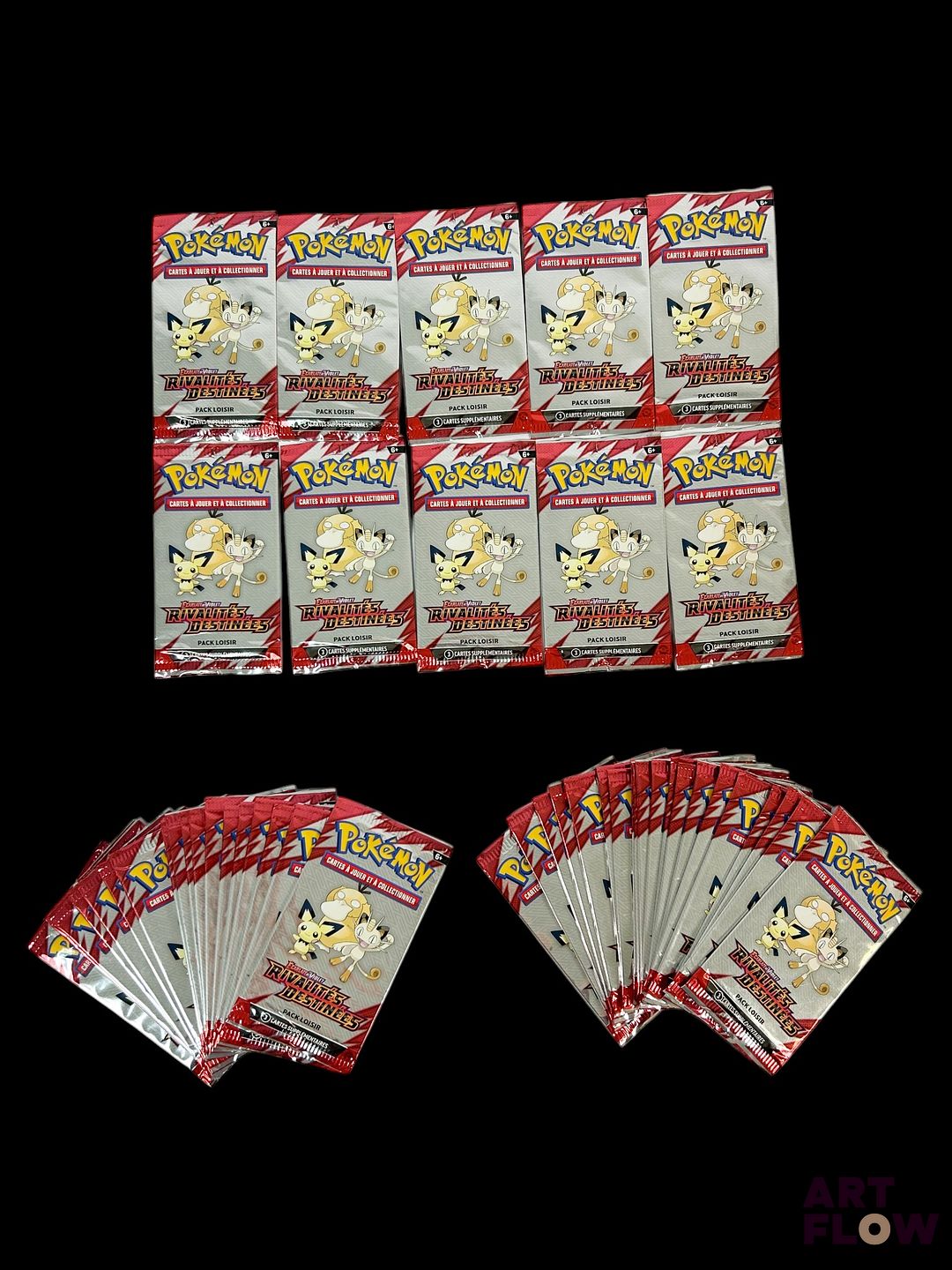 Ensemble de 50 boosters pack loisir Pokémon scellés. Série du bloc Ecarlate et violet : Rivalités destinées (EV10). En Français