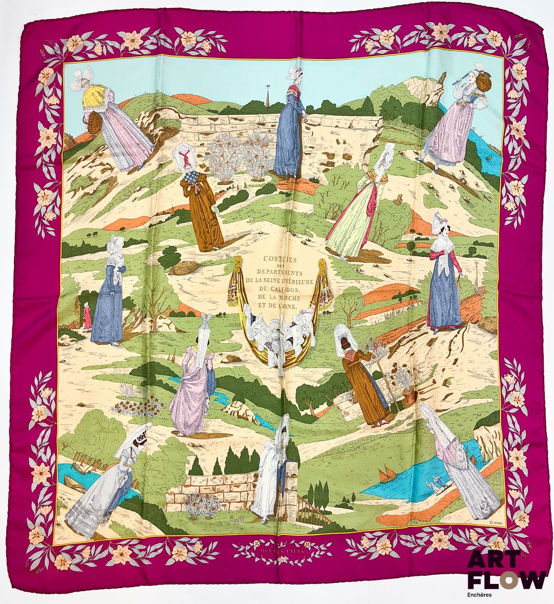HERMÈS Modèle "Coiffes Normandes" Carré en twill de soie d'après Zoé PAUWELLS 90 x 90 cm Petits fils tirés Bibliographie : Genevieve Fontan, Carrés d'art, Dictionnaire illustré des carrés Hermès valeur, 2025