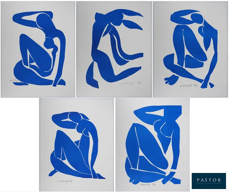 Henri Matisse (1869-1954) (d'après)
Les Nus bleus (grands formats)

Ensemble de 5 lithographies : les 4 nus bleus et la chevelure
Signées dans la planche
Numérotées / 250 exemplaires
Sur vélin Arches 65 x 50 cm (chacune)

INFORMATION : Lithographies d'après les œuvre éponymes de l'artiste et authentifiées par le cachet sec de l'éditeur. Les lithographies ont été tirées à 250 exemplaires plus quelques épreuves HC.
Elles sont accompagnées du certificat de l'éditeur.

Excellent état


Expédition obligatoire, jusqu'à 5 Lithographies dans votre colis pour 14,76€ TTC en France Métropolitaine, et 29,64€ TTC pour l'Europe