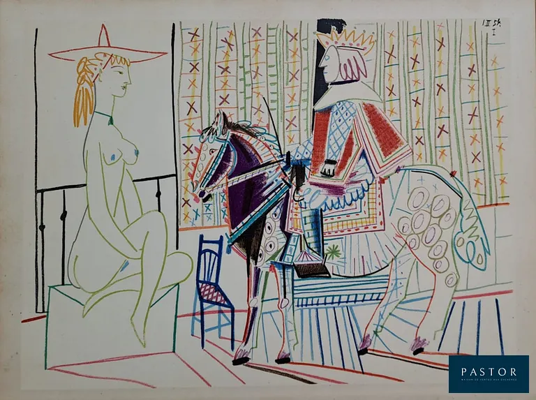 Pablo Picasso (1881-1973)
Le roi et la femme nue au chapeau, 1954

Lithographie en couleur, sur papier épais
Datée dans la planche et non signée
Imprimée par les ateliers Mourlot, 1954
Dimensions : 26.5 x 35.5 cm

Très bon état, quelques rousseurs dans la marge de gauche

Editée en 1954 pour la revue Verve n° 29-30 : "La comédie humaine, suite de 180 dessins de Picasso".


Expédition obligatoire, jusqu'à 5 Lithographies dans votre colis pour 14,76€ TTC en France Métropolitaine, et 29,64€ TTC pour l'Europe