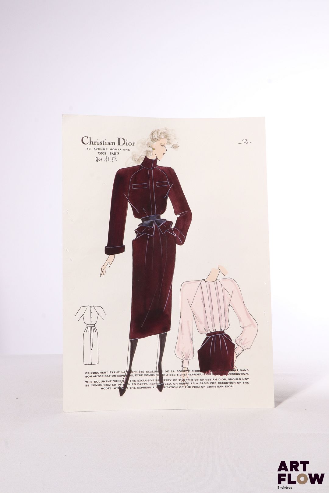 Christian DIOR, Collection Automne/Hiver 1981/1982 Silhouette 12 Technique mixte sur papier (gravure rehaussée à l'encre, aquarelle, gouache et crayon) 32 x 22,5 cm