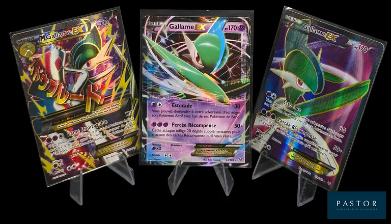 Réunion de 3 cartes Pokémon Ex :
Gallame Ex sous sa version Ex Régular, Ex Full Art, et Méga Ex Full Art.
Série du bloc XY : Ciel Rugissant.
Cartes en état global Excellent, en français.
Livrées sous bulles et toploaders.