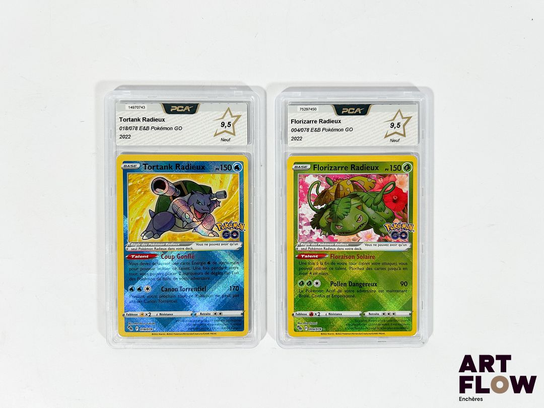Réunion de 2 cartes Pokémon gradées de la série Épée&Boucier : Pokémon Go (EB10.5). - Tortank Radieux 018/078 - PCA 9,5 (état Neuf). - Florizarre Radieux 004/078 - PCA 9,5 (état Neuf). Cartes en français.