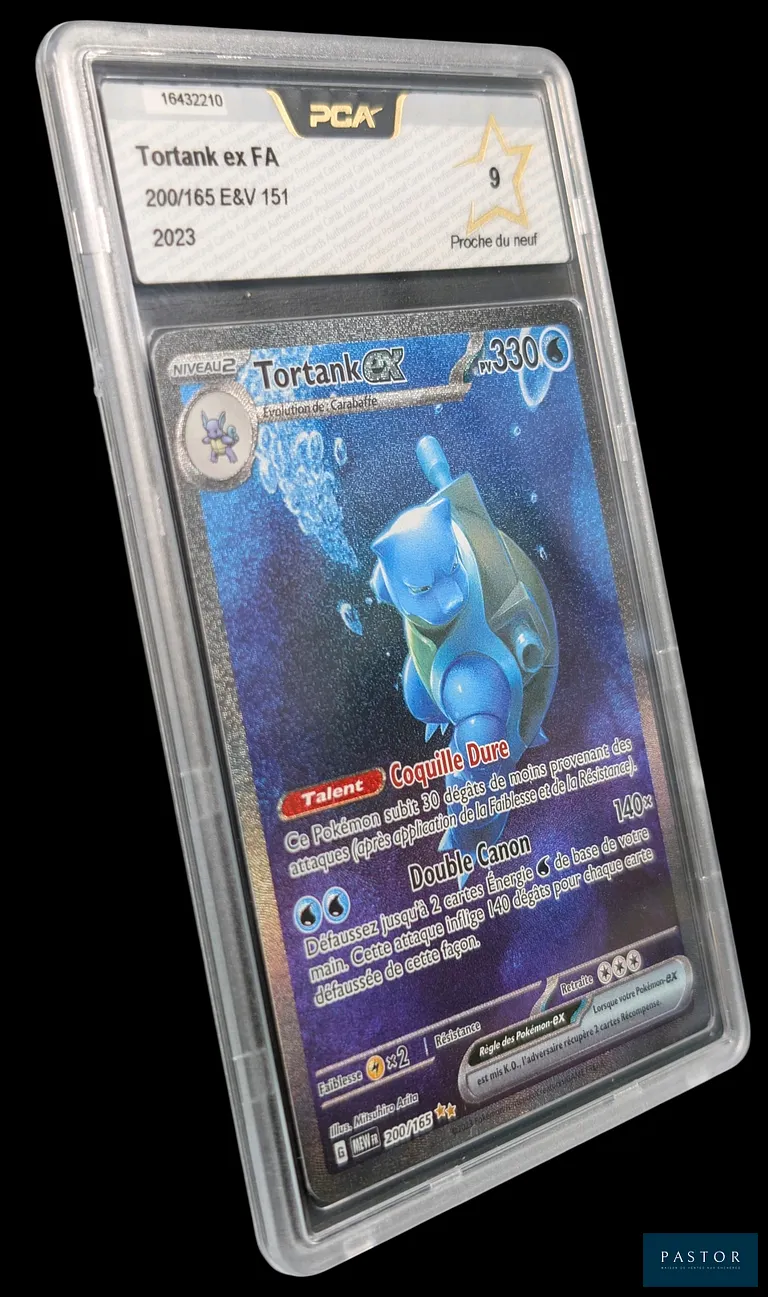 Carte Pokémon gradée Tortank 200/165 – Alternative – PCA 9.
Série du bloc Écarlate&Violet : 151.
Carte en état Proche du neuf (PCA 9), en français.