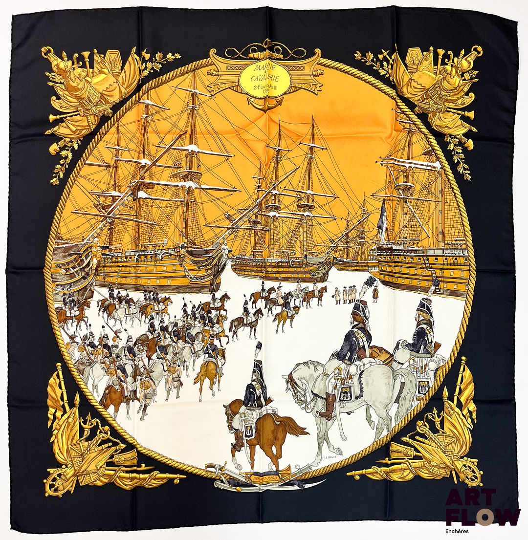 HERMÈS Modèle "Marine et Cavalerie" Carré en twill de soie d'après Philippe LEDOUX 90 x 90 cm