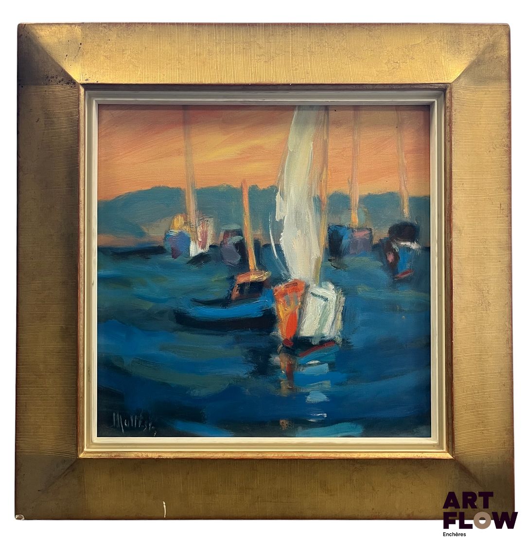 Jean-Pierre Maltese (1946 -), Marine, les Voiliers au port, huile sur toile, huile sur toile, signée en bas à gauche et contresignée au dos. 50 x 50 cm.
