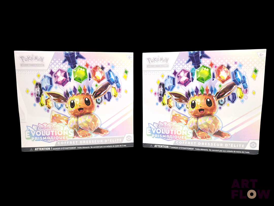 2 ETB EV8.5 Réunion de 2 coffrets Pokémon scellés : Elite Trainer Box (ETB). Série du bloc Écarlate&Violet : Évolutions Prismatiques (EV 8.5). En français. L'un des deux avec des trous dans le scellage (voir photos)
