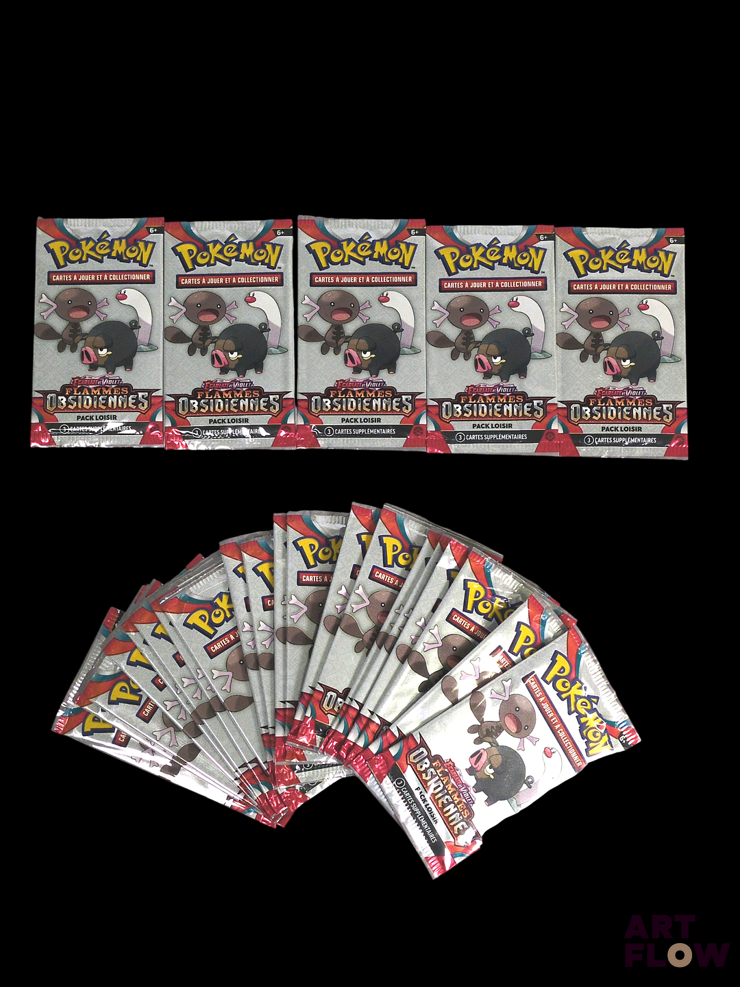 Ensemble de 25 boosters pack loisir Pokémon scellés. Série du bloc Ecarlate et violet : Flammes obsidiennes (EV03). En Français
