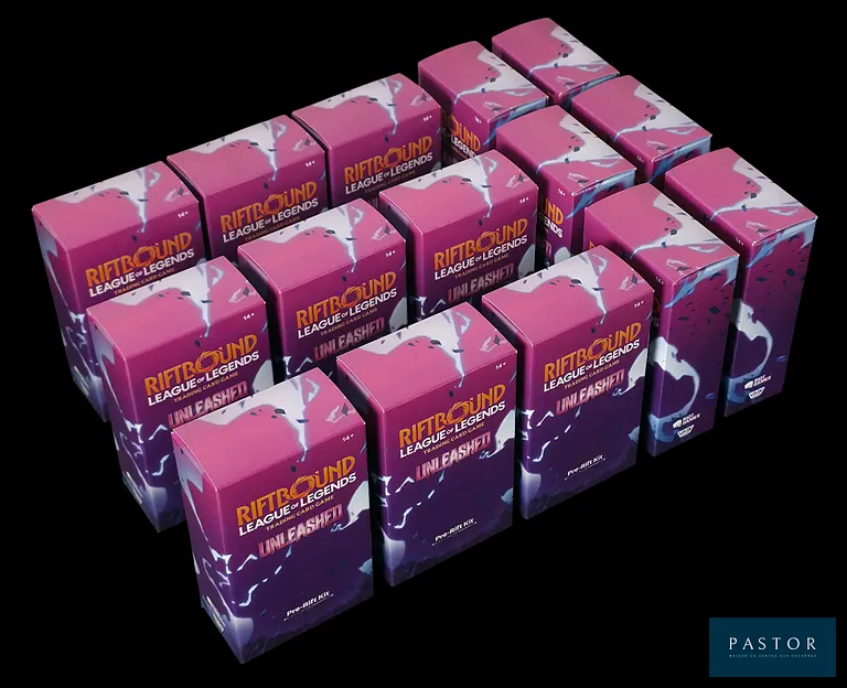 Ensemble de 15 coffrets Riftbound League Of Legend scellés - Pré-Rift Event Kit de la 3ème serie "Unleashed", contenant chacun 5 boosters et une carte Champion légendaire.
En anglais. - TVA Récupérable