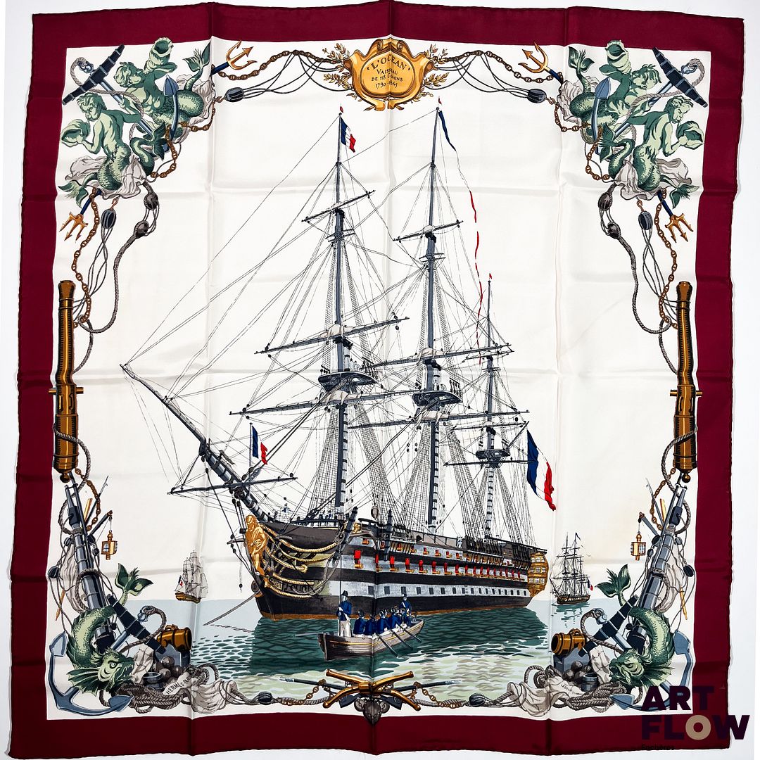 HERMÈS Paris Modèle L'Océan Carré en twill de soie dessiné par Philippe LEDOUX. 90 x 90 cm Fils tirés et petites tâches