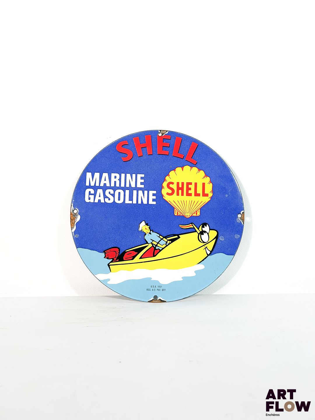 Plaque émaillée ronde d'après Shell marine gasoline Diamètre 30 cm Petits éclats et traces de rouille - moderne