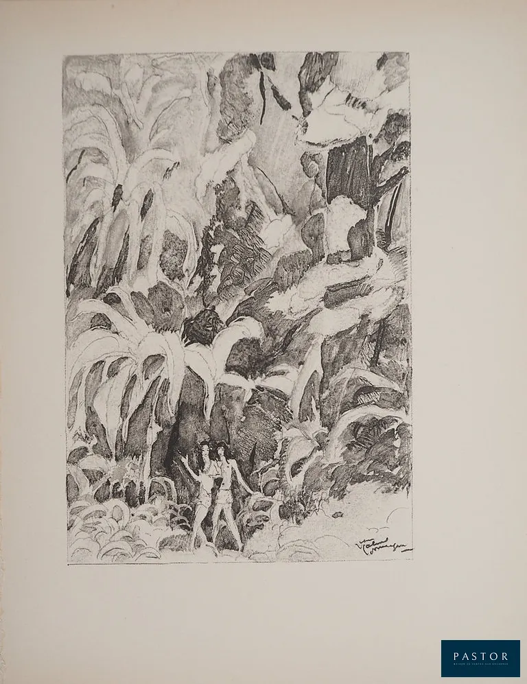 Jean-Gabriel DOMERGUE (1889-1968)
Tahiti, nu joyeux, 1936

Lithographie et pochoir en premier état (atelier Jacomet)
Signée dans la planche
Sur vélin Lafuma 21 x 17 cm

Excellent état


Expédition obligatoire, jusqu'à 5 Lithographies dans votre colis pour 14,76€ TTC en France Métropolitaine, et 29,64€ TTC pour l'Europe
