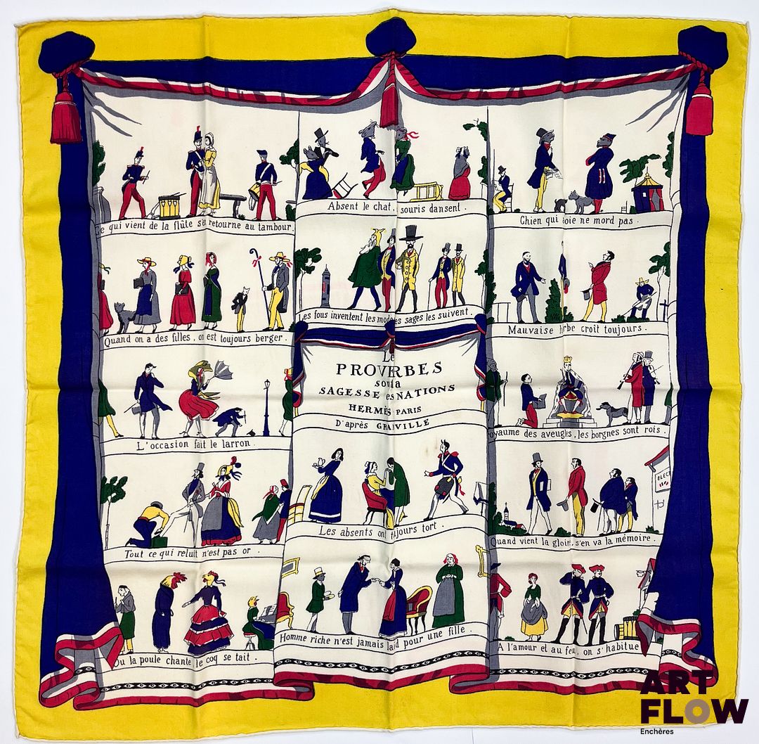 HERMÈS Modèle "Les Proverbes sont la Sagesse de la Nation" Carré en soie et laine d'après Hugo Grygkar 1er édition 1947 90 x 90 cm Quelques taches et décolorations. Avec boîte Bibliographie : Genevieve Fontan, Carrés d'art, Dictionnaire illustré des carrés Hermès valeur, 2025