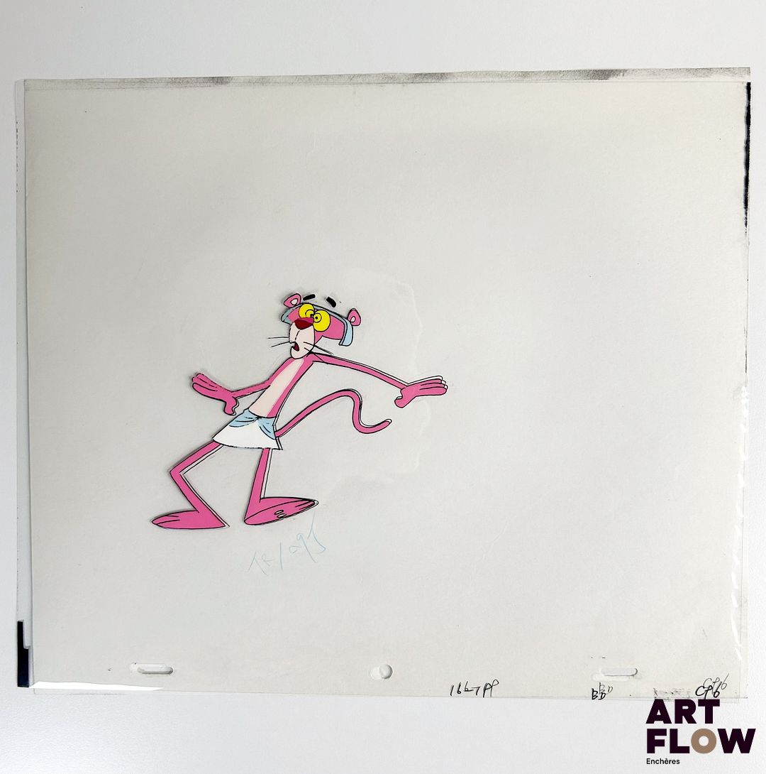 La Panthère Rose (The Pink Panther), d'après Friz Freleng Cellulo à l’encre et à la gouache représentant la Panthère Rose effrayée Animé américain d'après la série créée par Friz Freleng et David DePatie "La Panthère Rose est le personnage principal de son univers animé. C’est une panthère anthropomorphe, élégante et malicieuse, connue pour son calme, son humour subtil et ses situations comiques souvent muettes. Elle se distingue par sa capacité à se sortir habilement de situations absurdes tout en conservant son style raffiné et son charme unique." Dimensions : 27 x 31,5 cm