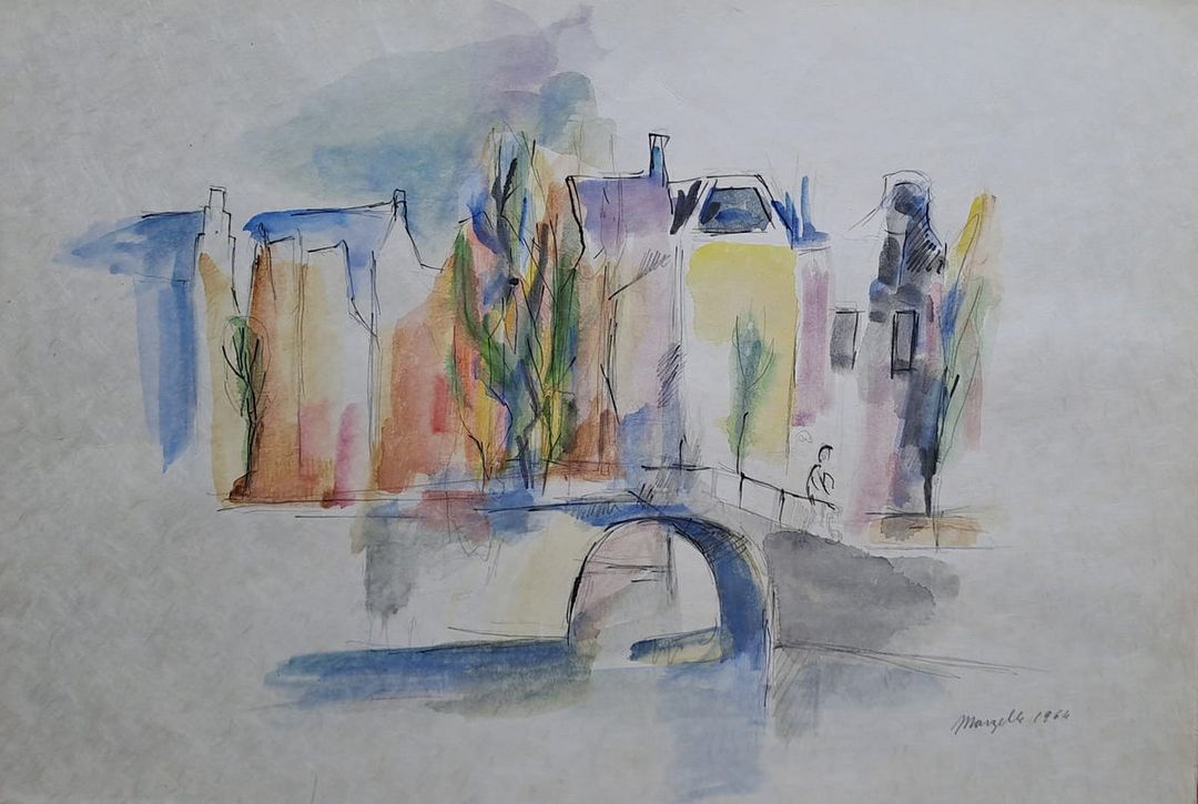 Jean Marzelle (1916-2005) Les canaux, 1964 Aquarelle et crayon sur papier japon Signée et datée au crayon par l&rsquo;artiste Dimensions : 38 x 56 cm environ Très bon état, très petite tâche sur le coté de la marge à gauche (voir photo) Expédition obligatoire, jusqu&rsquo;à 5 Lithographies dans votre colis pour 14,76€ TTC en France Métropolitaine, et 29,64€ TTC pour l&rsquo;Europe