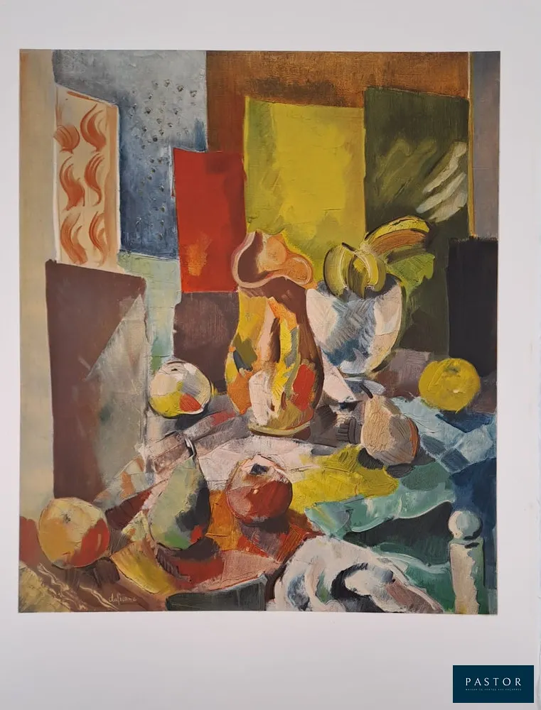 Charles Dufresne (1876 - 1938)
Nature morte aux fruits sur la nappe colorée

Lithographie sur vélin Arches
Signée dans la planche
Imprimée dans les ateliers Fernand Mourlot (c. 1971)
Dimensions 65 x 50 cm

Excellent état

D'après une huile sur toile de l'artiste


Expédition obligatoire, jusqu'à 5 Lithographies dans votre colis pour 14,76€ TTC en France Métropolitaine, et 29,64€ TTC pour l'Europe