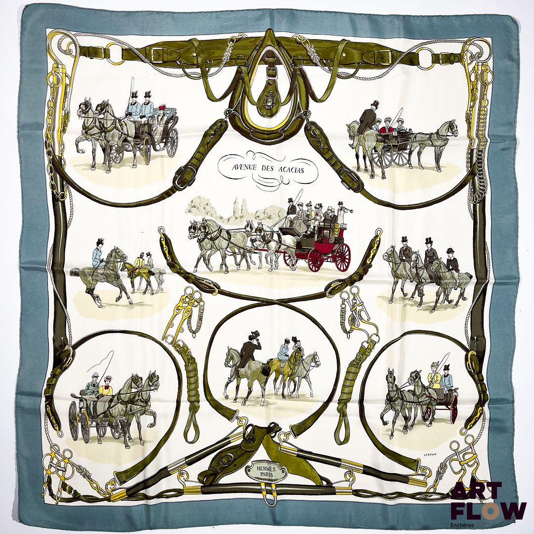 HERMÈS Paris Modèle Avenue des Acacias Carré en twill de soie dessiné par Philippe LEDOUX. 90 x 90 cm Petites tâches.