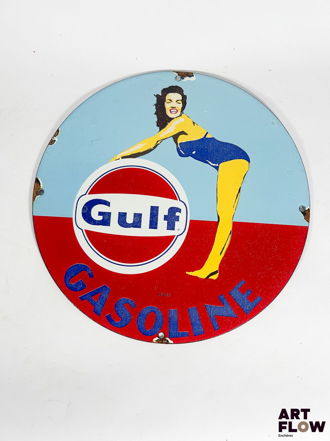 Plaque émaillée ronde Gulf Gasoline Diamètre : 30 cm Petits éclats et traces de rouille Reproduction moderne