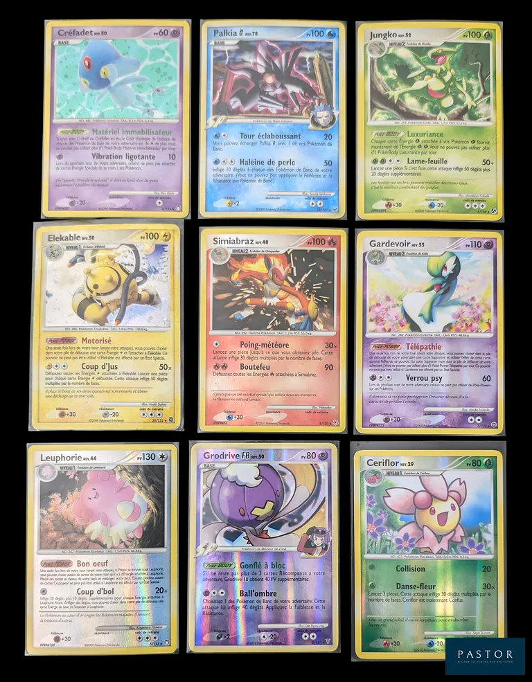 Ensemble de 9 cartes Pokémon - Holographiques et Reverses.
 Blocs de séries Diamant&Perle et Platine.
Cartes en état global Bon / Très bon, en français.