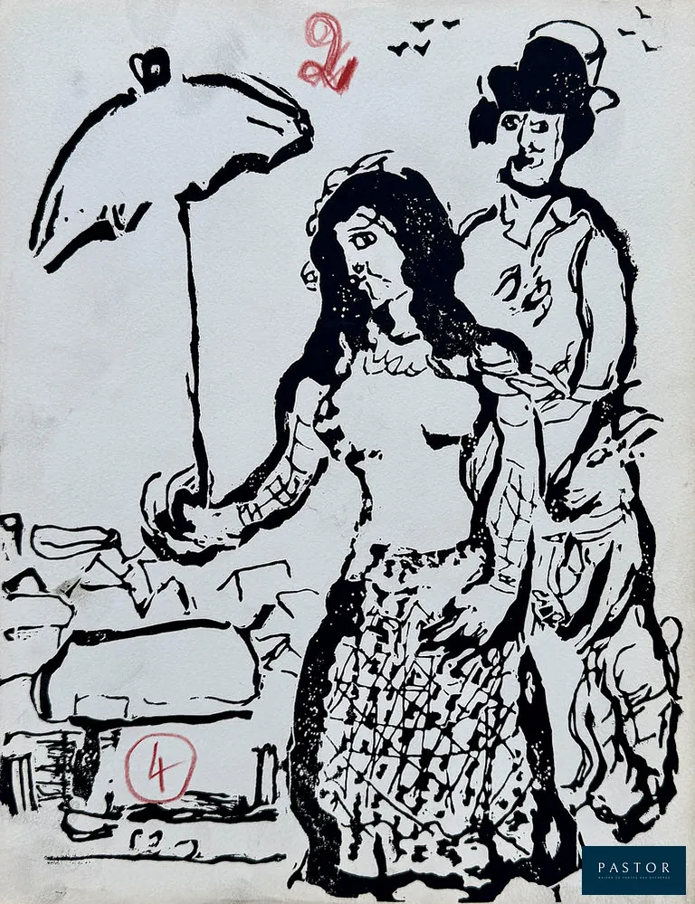 Marc Chagall (1887-1985)
Poèmes - Le couple

Gravure sur bois originale, 1968
Non signée
Sur vélin, format 32,5 x 25 cm
Rare épreuve d'essai en noir avant l'épreuve définitive (avec annotations de l'imprimeur)

Très bon état

NOTE : Épreuve d'essai avec annotation de l'imprimeur pour le livre « Poèmes » publié par Cramer en 1968 pour un tirage limité à 238 exemplaires. Il s'agit des seules gravures sur bois réalisées par Chagall.

RÉFÉRENCE : Catalogue raisonné Cramer « Chagall : livres illustrés » n° 74


Expédition obligatoire, jusqu'à 5 Lithographies dans votre colis pour 14,76€ TTC en France Métropolitaine, et 29,64€ TTC pour l'Europe