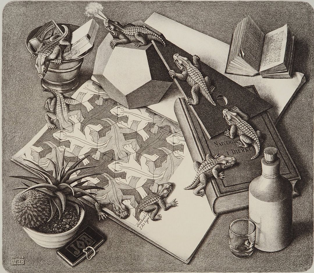 Maurits Cornelis Escher (1898-1972) Nature morte aux reptiles, 2008 Fac-similé d&rsquo;après le bois gravé original de 1943 Signée dans la planche Numérotée /450 exemplaires Sur Vélin 55 x 64,5 cm Éditée par la M.C. Escher Foundation (authenticité par cachet sec de l&rsquo;éditeur + cachet au dos) Excellent état Expédition obligatoire, jusqu&rsquo;à 5 Lithographies dans votre colis pour 14,76€ TTC en France Métropolitaine, et 29,64€ TTC pour l&rsquo;Europe