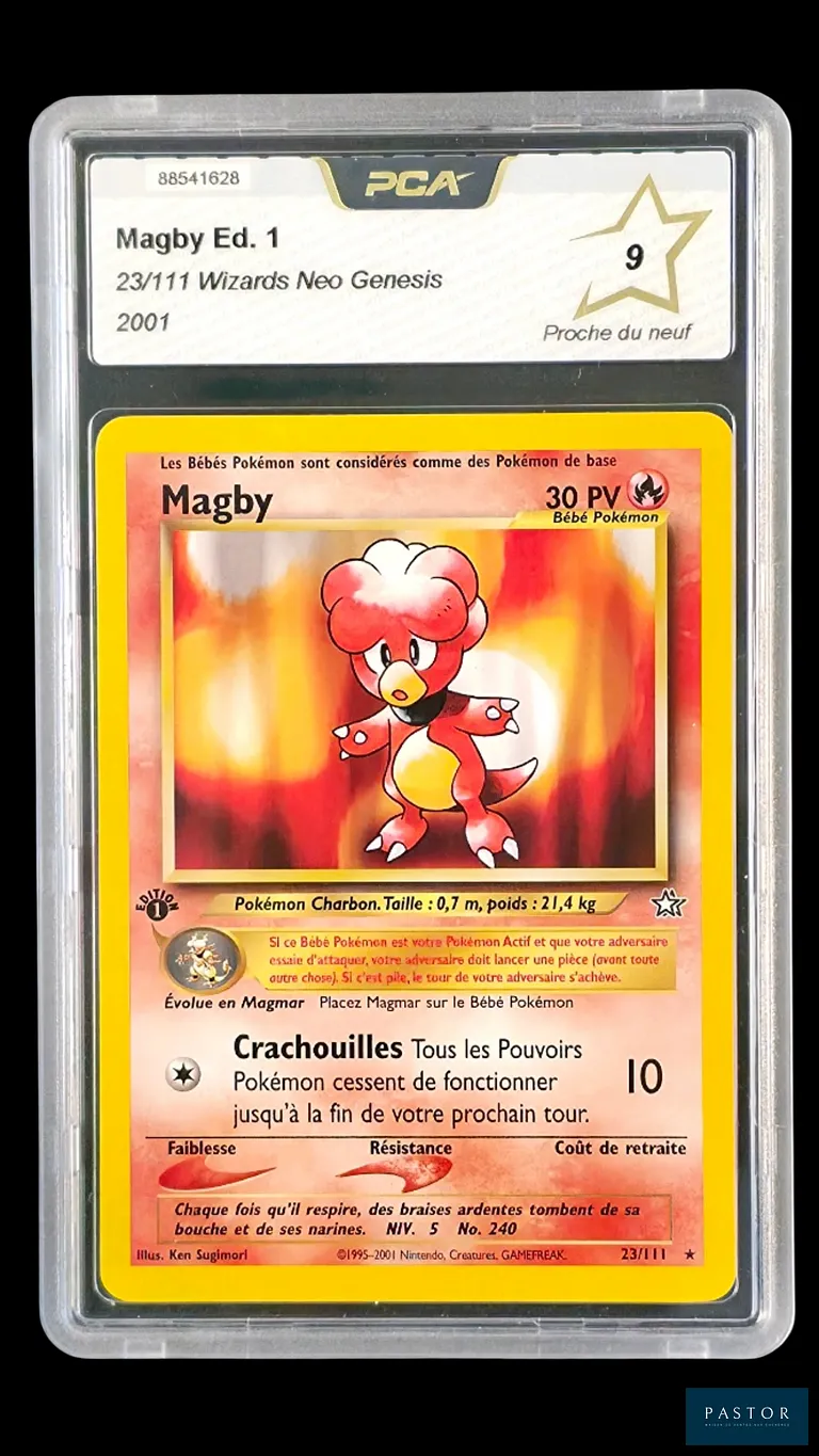 Carte Pokémon gradée Magby 23/111 – Rare – PCA 9.
Série du bloc Wizards : Neo Genesis Édition 1.
Carte en état Proche du neuf (PCA 9), en français.