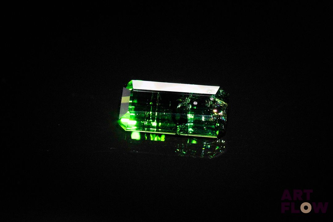 Tourmaline verte rectangulaire à pans coupés. Belle couleur, inclusions. 4.35 cts. 13.6mm x 7.0mm