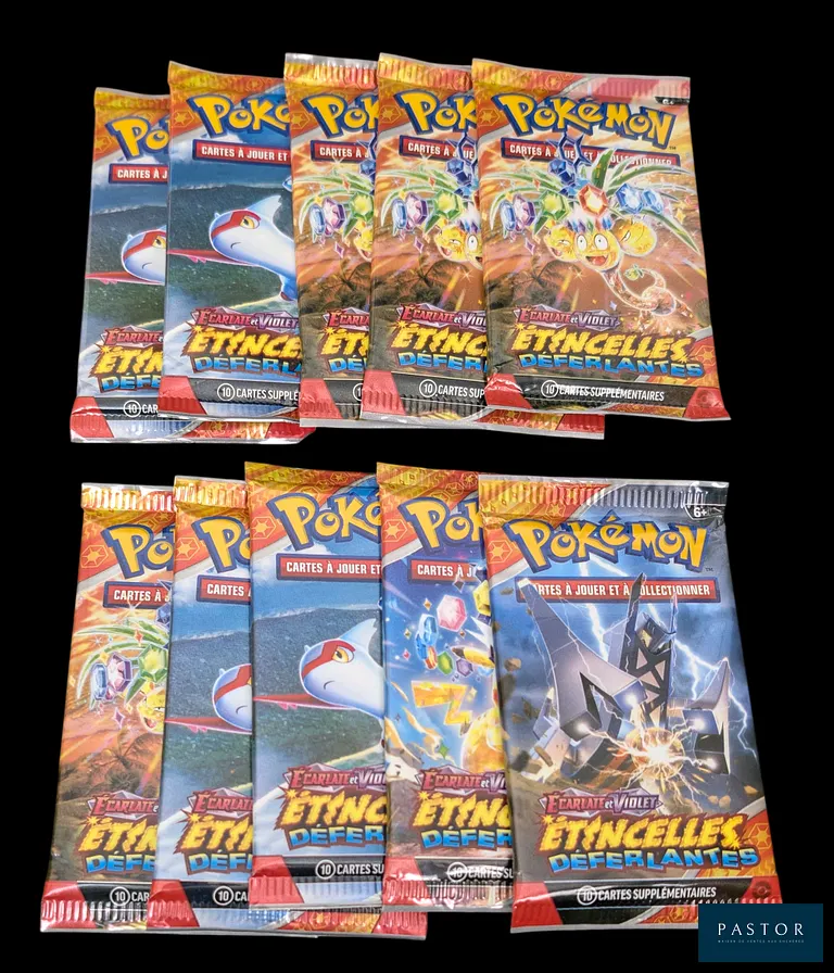 Ensemble de 10 boosters Pokémon - Scellés.
Série du bloc Écarlate & Violet : Étincelles Déferlantes (EV08).
Boosters issus de coffrets.
En français.