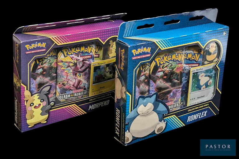 Réunion de 2 coffrets Pokémon scellés : Tripacks Ronflex et Morpeko.
Série du bloc Épée&Bouclier : Destinées Radieuses (EB4.5).
En français.