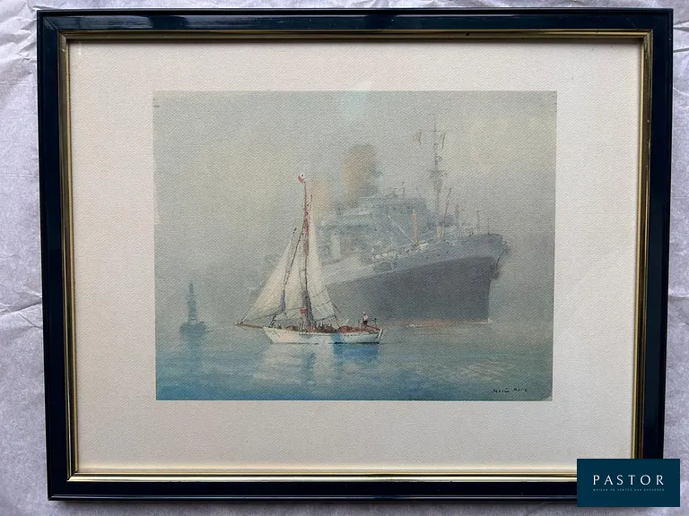 Marin-Marie (Paul Emmanuel Durand Coupel de Saint-Front dit )
Peintre officiel de la Marine
Winnibelle devant un Paquebot , circa 1930

Gravure couleur
signée en bas a droite dans la planche
Dimension image 22 x 32 cm
Encadrée dimensions : 37 x 47.5 cm

Note : Winnibelle est le ketch personnel de Marin-Marie, qu'il a fait construire en 1928 et qu'il a énormément représenté.


Expédition obligatoire, jusqu'à 5 Lithographies dans votre colis pour 14,76€ TTC en France Métropolitaine, et 29,64€ TTC pour l'Europe