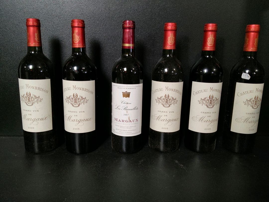 Lot de 6 bouteilles de vin rouge : 5 Château Monbrison Margaux 2005 et 1 Château les Baraillots Margaux 2007