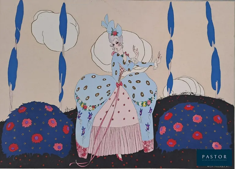 Umberto Brunelleschi (1879 - 1949)
Rosaura, 1914

Gravure originale de grand format imprimée à l'encre noire et pochoir à l'encre de couleur sur papier vélin
Signée dans la planche
Editée à 415 exemplaires
Imprimé en 1914 par le Journal des Dames et des Modes, Paris

Dimensions de la feuille : 38.1 × 49.5 cm
Dimensions de l'image : 22.2 × 30.2 cm

En très bon état, peut présenter quelques taches mineures sur les bords.
Image très propre avec des couleurs vives.

Information
Un très joli pochoir Art Déco, chef d'œuvre iconique de Brunelleschi provenant du rare portfolio iconique "Les masques et les personnages de la comédie italienne".


Expédition obligatoire, jusqu'à 5 Lithographies dans votre colis pour 14,76€ TTC en France Métropolitaine, et 29,64€ TTC pour l'Europe