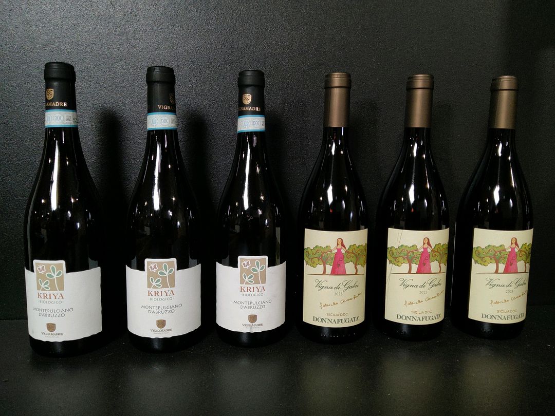 Lot de 6 bouteilles de vin rouge : 3 Kriya Biologico Montepulciano D&rsquo;abruzzo Vignamadre 2024 et 3 Vigna di Gabri Sicilia Doc Donna Fugata 2023