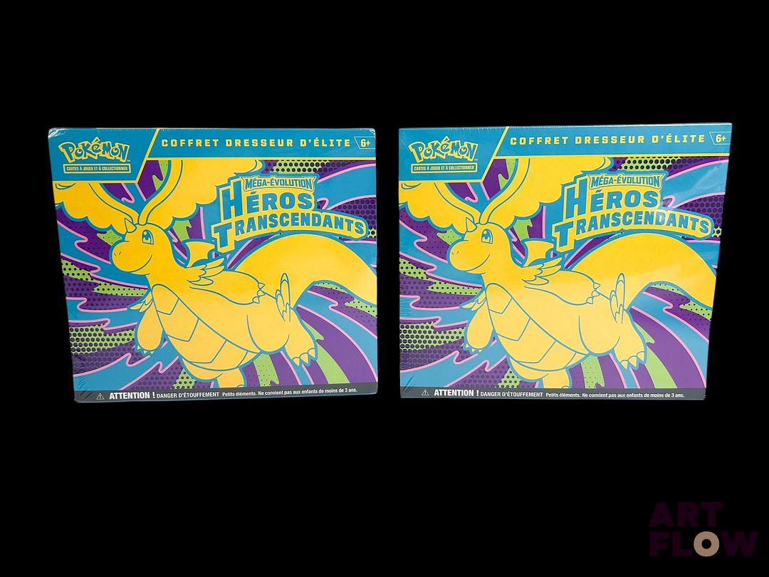 Réunion 2 coffrets Pokemon Elite Trainer Box (ETB) Série du bloc Méga-Evolution : Héros transcendants (ME2.5) Scellés (l'une avec quelques trous dans le scellage) En Francais