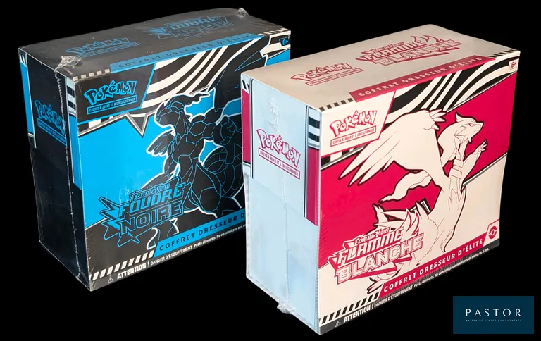Reunion de 2 coffrets Pokémon scellés : Elite Trainer Box (ETB).
Série du bloc Écarlate&Violet : Flamme Blanche et Foudre Noire (EV10.5).
En français.