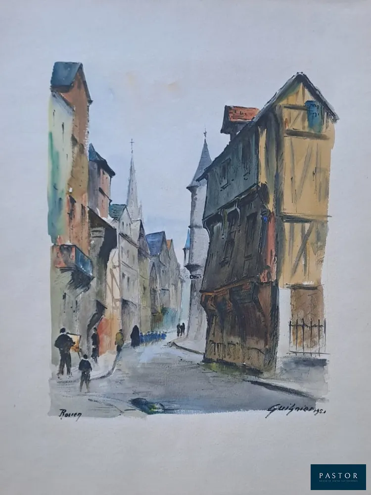 Fernand Guignier (1902-1980)
La rue Saint-Romain, Rouen, 1951

Aquarelle sur papier fort
Signée, datée en bas à droite et située en bas à gauche dans la planche, dans la marge en bas à droite
Dimensions de la feuille : 45 x 38 cm environ
Dimensions de l'image : 31 x 25 cm environ

Très bon état


Expédition obligatoire, jusqu'à 5 Lithographies dans votre colis pour 14,76€ TTC en France Métropolitaine, et 29,64€ TTC pour l'Europe