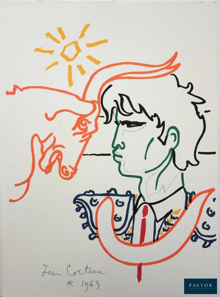 Jean COCTEAU (1889-1963)
Face au taureau

Lithographie en couleurs
Signée dans la planche
Sur Vélin 28 x 38 cm

Excellent état

INFORMATION : Créée pour le portfolio Taureaux, éditée en 1965 à 200 exemplaires et imprimé dans les ateliers Mourlot


Expédition obligatoire, jusqu'à 5 Lithographies dans votre colis pour 14,76€ TTC en France Métropolitaine, et 29,64€ TTC pour l'Europe