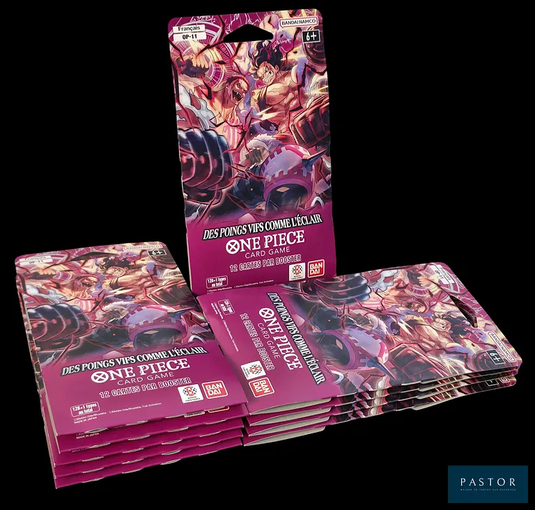 Ensemble de 10 boosters One Piece, sous blisters scellés.
Série OP-11 : Des poings vifs comme l'éclair.
Scellés, en français.