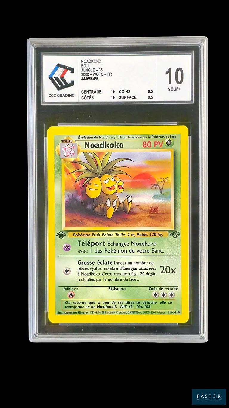 Carte Pokémon gradée Noadkoko 35/64 – Peu Commune – CCC 10.
Série du bloc Wizards : Jungle Édition 1.
Carte en état Neuf+ (CCC 10), en français.