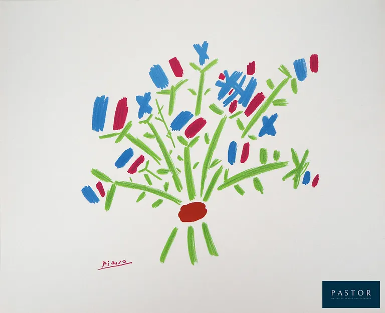 Pablo PICASSO (1881-1973)
Le bouquet bleu, blanc, rouge

Lithographie en couleurs d'après un dessin de l'artiste
Signée dans la planche
Sur Vélin 48 x 39 cm
Edition Art et Paix / Succession Picasso

Excellent état


Expédition obligatoire, jusqu'à 5 Lithographies dans votre colis pour 14,76€ TTC en France Métropolitaine, et 29,64€ TTC pour l'Europe