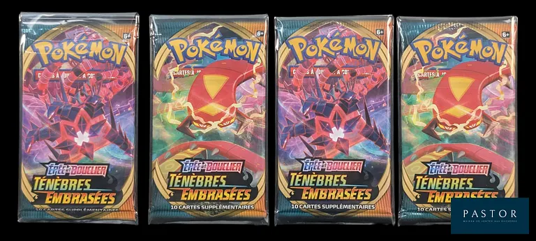 Ensemble de 4 boosters Pokémon scellés.
Série du bloc Épée&Bouclier : Ténèbres Embrasées (EB03).
En français.